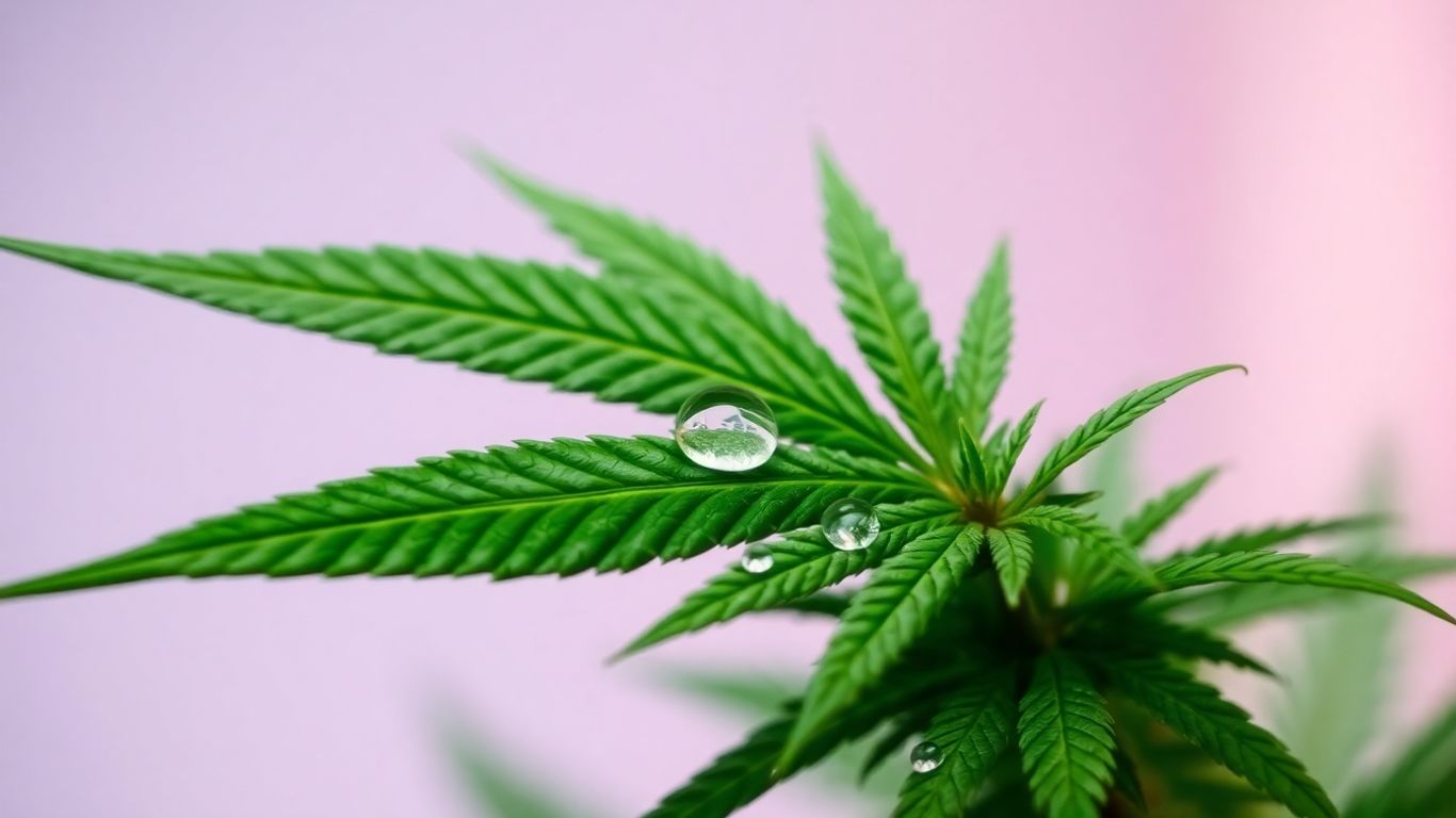 Feuille de cannabis verte avec des gouttes de rosée